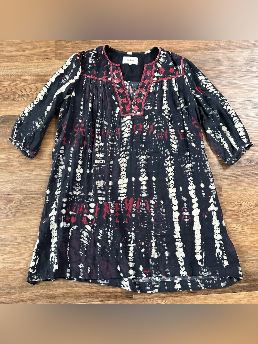 ba&sh Ilda Mini Dress Size 2 Tunic Embroidered Blue V-Neck Shift Boho Peasant